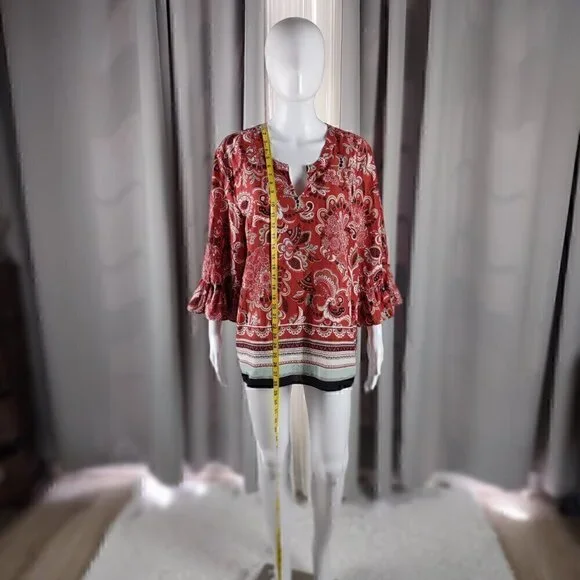 Ann Taylor Muted Red Clay Paisley Patterned Cotton Blend Bell Sleeve Top Size XL - Picture 5 of 12